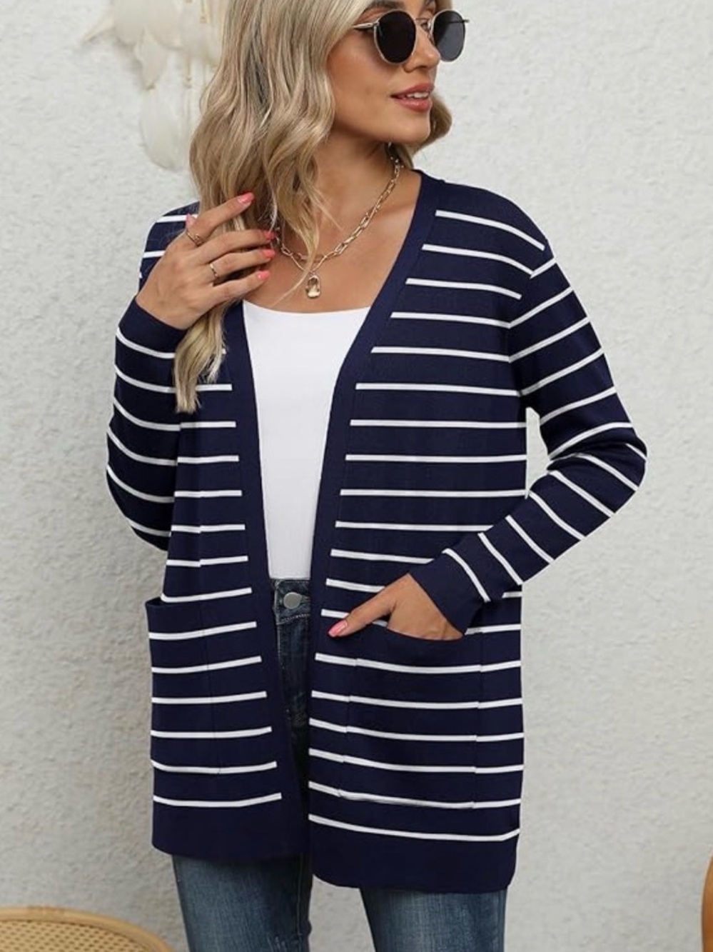LILBETTER Women’s lightweight blue and white Cardigan with Pockets